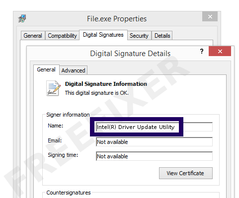Screenshot of the Intel(R) Driver Update Utility certificate